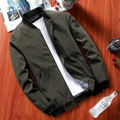 Stylish men's bomber jacket in olive green with a smart zipper closure, ribbed cuffs, and a Mandarin collar. Perfect for casual and trendy outfits.